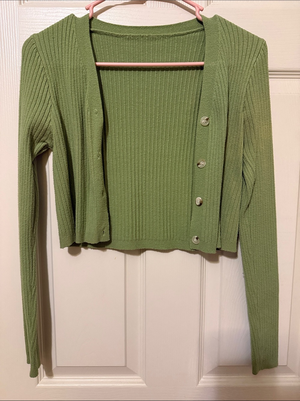Cropped Ribbed Button-Front Cardigan - Green
